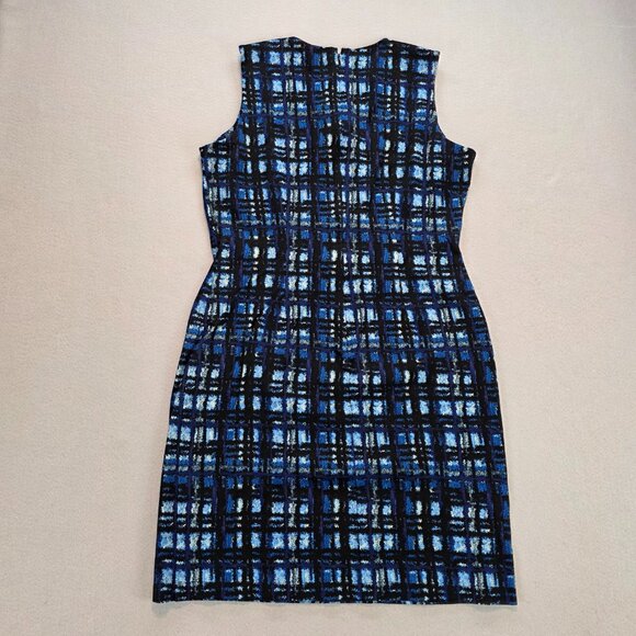 J. McLaughlin Blue Black Abstract Plaid Print Scuba Sheath Dress Preppy sz Lg - Picture 2 of 10